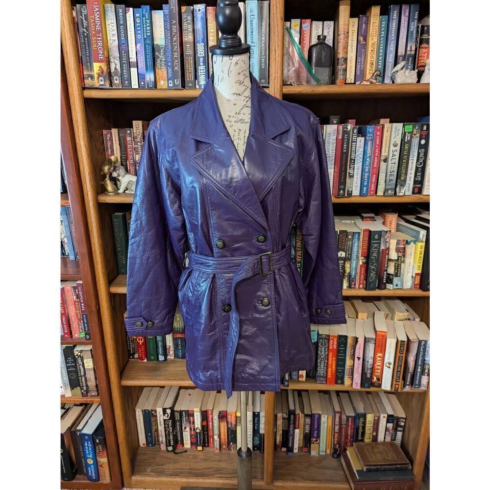 VTG 80s Free by Wonduck Fashion Mod Purple Leather Belted Trenchcoat Jacket L